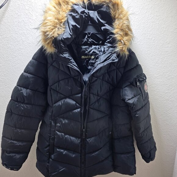 Madden NYC Womens Puff Jacket Size XL Black Hooded Faux Fur Trim Quilted Coat - Picture 1 of 6